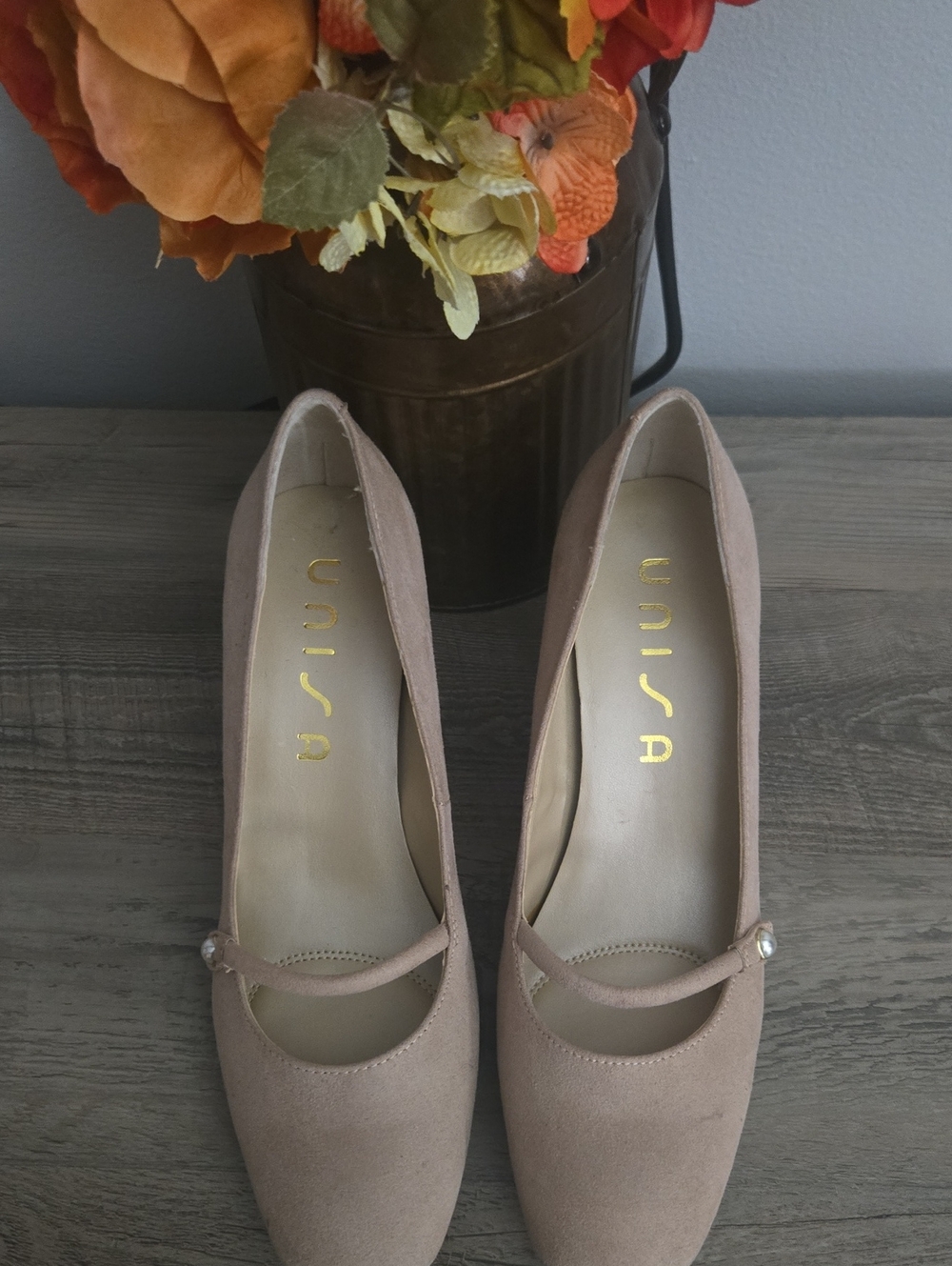 Unisa Blush Pink Suede Mary Jane Heels with Jewel Accent